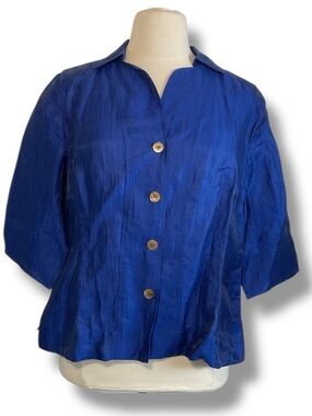 Jones New York Blouse Linen Royal Cobalt Blue Button Down Shirt Size 18 W